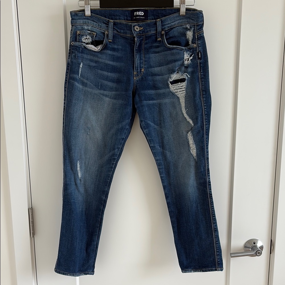 Fred Women's Ankle Cropped Ripped Jeans - Dark Blue